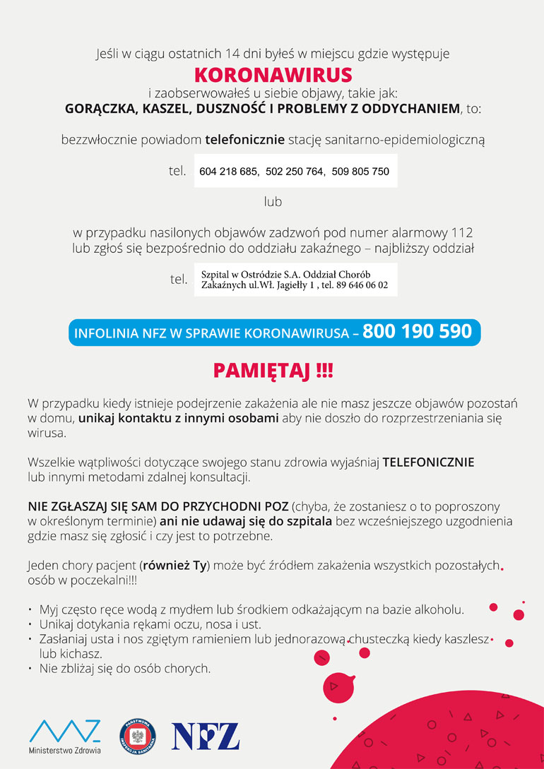 Plakat informacyjny o zasadach postępowania w przypadku podejrzenia koronawirusa